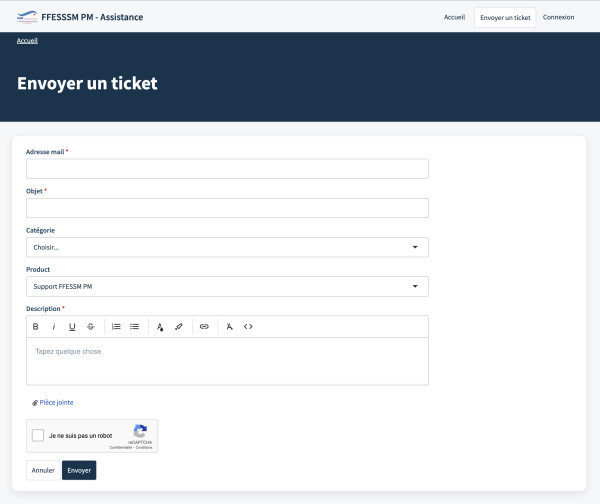 Copie d'écran du formulaire de ticketing de la CTR 